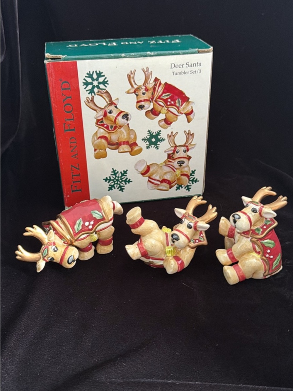 Fitz and Floyd Red and Gold Reindeer Figurine Tumblers (Set of 3)